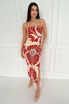 Burnt Orange Abstract Print Cowl Neck Ruched Side Strappy Midi Dress