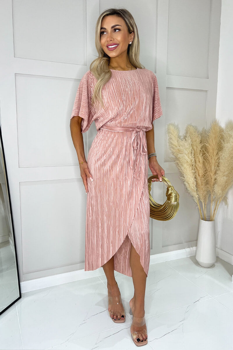 Champagne Short Sleeve Tie Waist Plisse Midi Dress – AX Paris