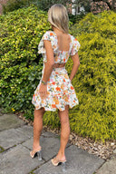 Cream Floral Printed Cut Out Back Frill Mini Skater Dress