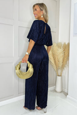 Navy Wide Sleeve Tie Waist Plisse Jumpsuit