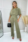 Light Khaki Wide Sleeve Tie Waist Plisse Jumpsuit