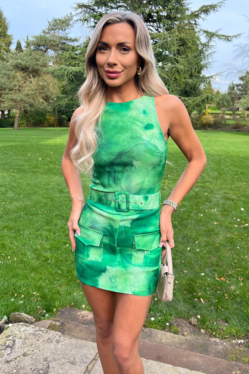 Green Tie Dye Round Neck Belted Skort Cargo Playsuit AX Paris Green Tie Dye Round Neck Belted Skort Cargo Playsuit AX Paris