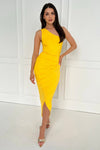 Yellow One Shoulder Wrap Draped Midi Dress