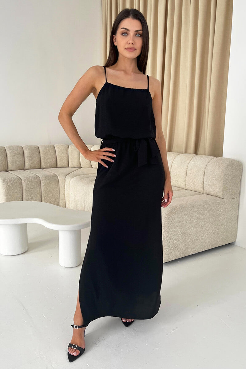 Black Tie Waist Strappy Split Leg Midi Dress AX Paris Black Tie Waist Strappy Split Leg Midi Dress AX Paris