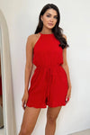 Red Halter Neck Tie Waist Playsuit