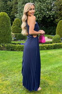 Navy One Shoulder Cut Out Pleated Midi Dress