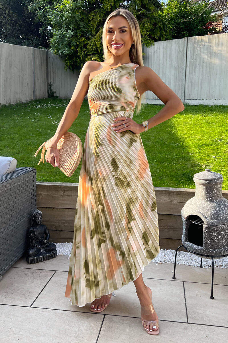 Multi Marble Print One Shoulder Pleated Satin Midi Dress – AX Paris