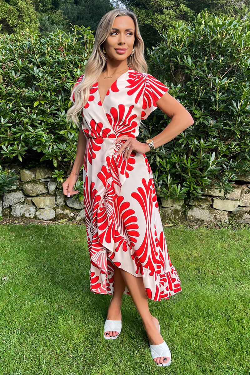 bright orange frill detail pleated skater dress Bright Orange Dress White Frill Detail Pleated Skater Dress Burnt Orange  Abstract Print Wrap Over High Low Frill Hem Midi