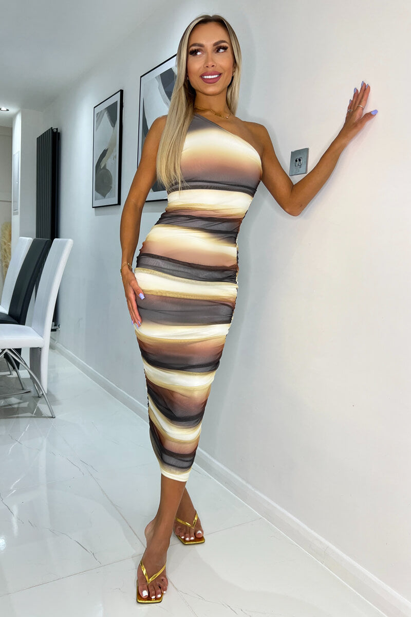 Brown Ombre Printed Mesh One Shoulder Bodycon Midi Dress AX Paris Brown Ombre Printed Mesh One Shoulder Bodycon Midi Dress AX Paris