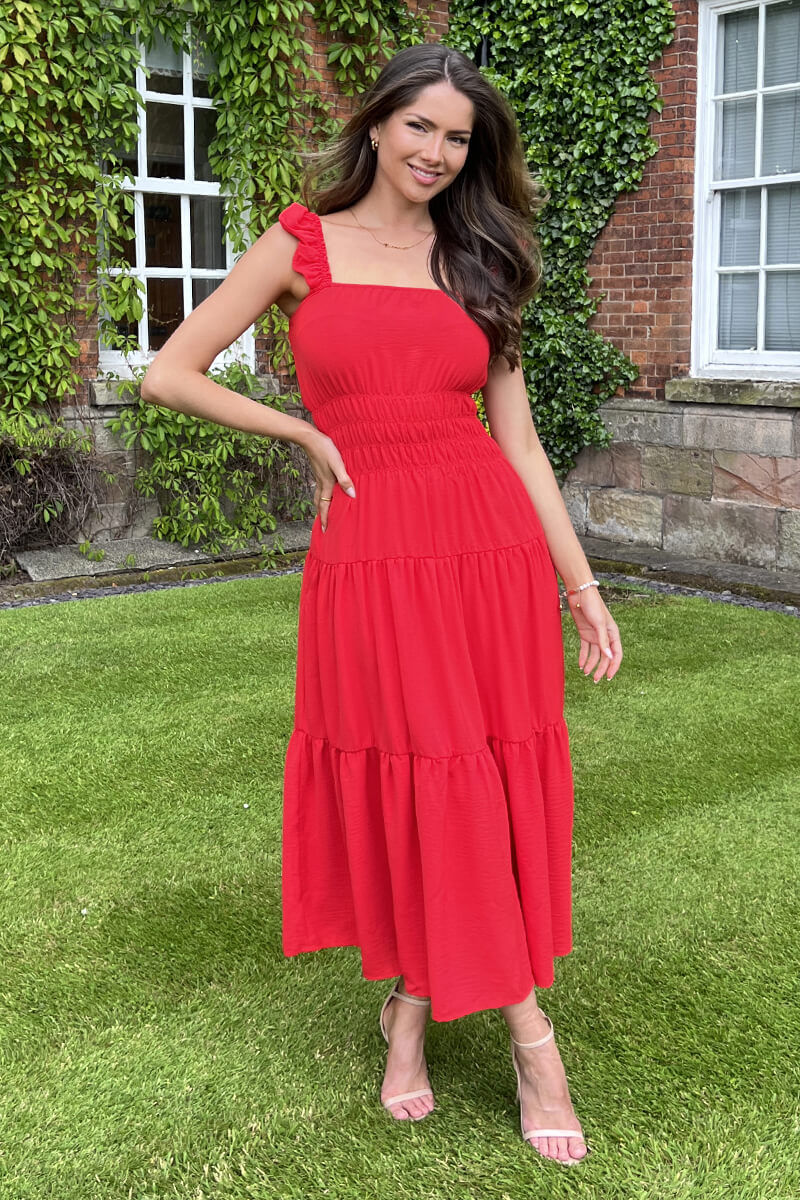 dark red frill hem bandage midi dress RED FRILL HEM BANDAGE MIDI DRESS - PLT