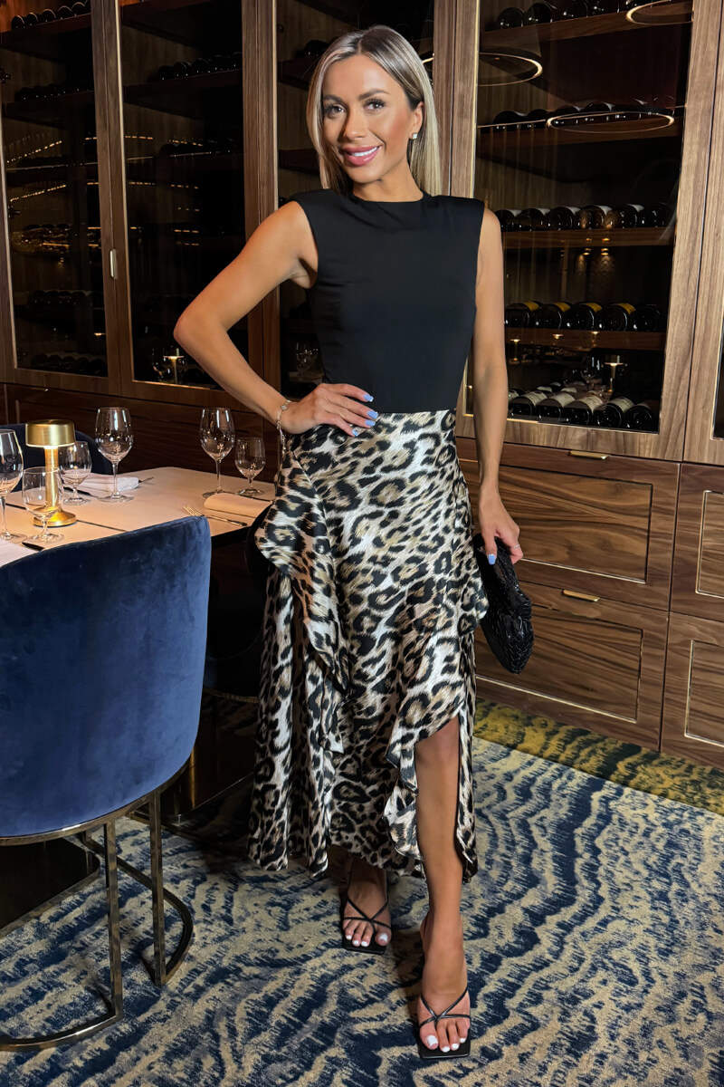 Multi Leopard Print 2 In 1 Double Frill Split Midi Dress AX Paris Multi Leopard Print 2 In 1 Double Frill Split Midi Dress AX Paris
