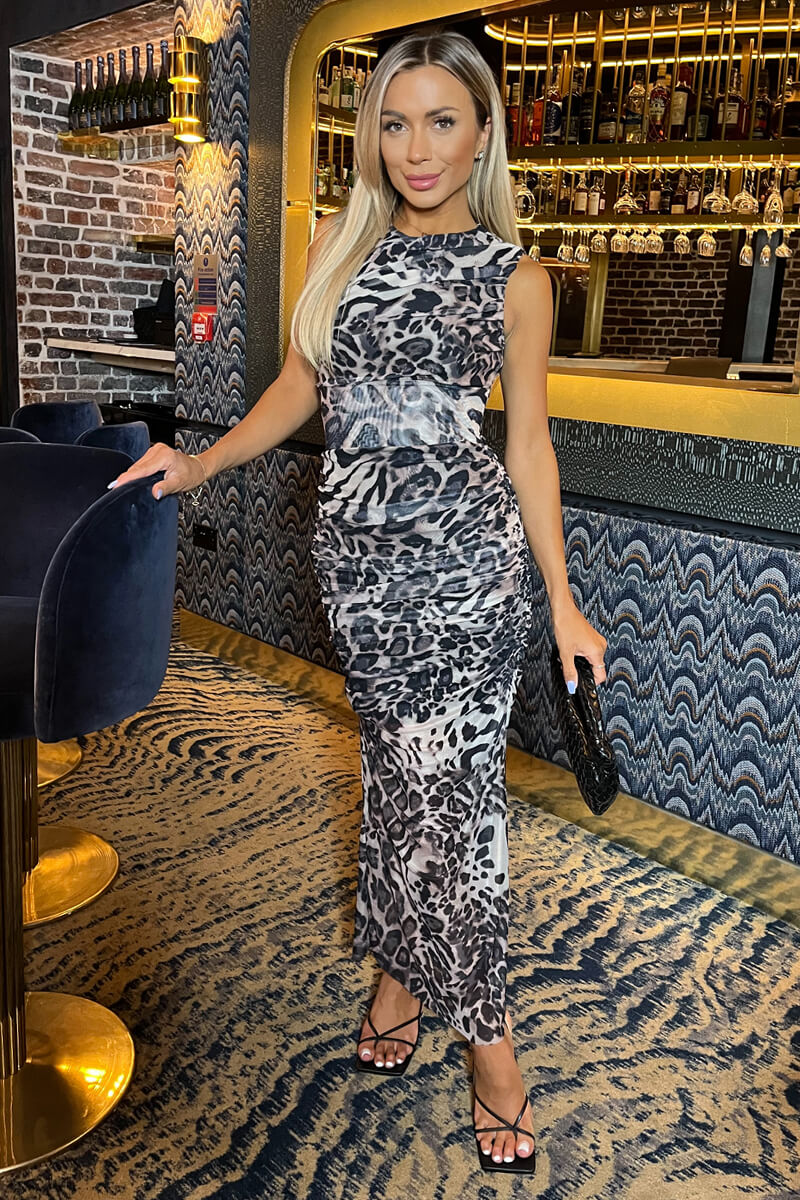 Multi Leopard Print Mesh Sleeveless Ruched Side Split Midi Dress AX Paris Multi Leopard Print Mesh Sleeveless Ruched Side Split Midi Dress AX Paris