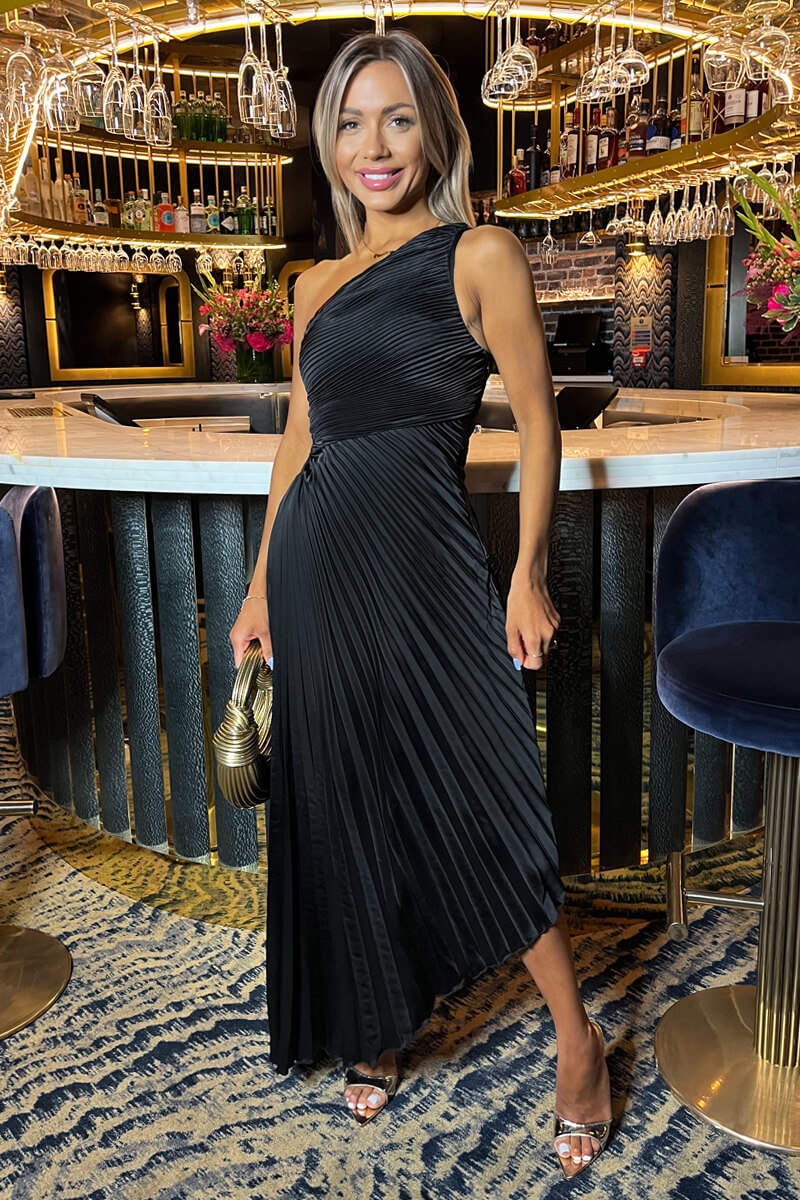 Black One Shoulder Pleated Satin Midi Dress Black One Shoulder Pleated Satin Midi Dress