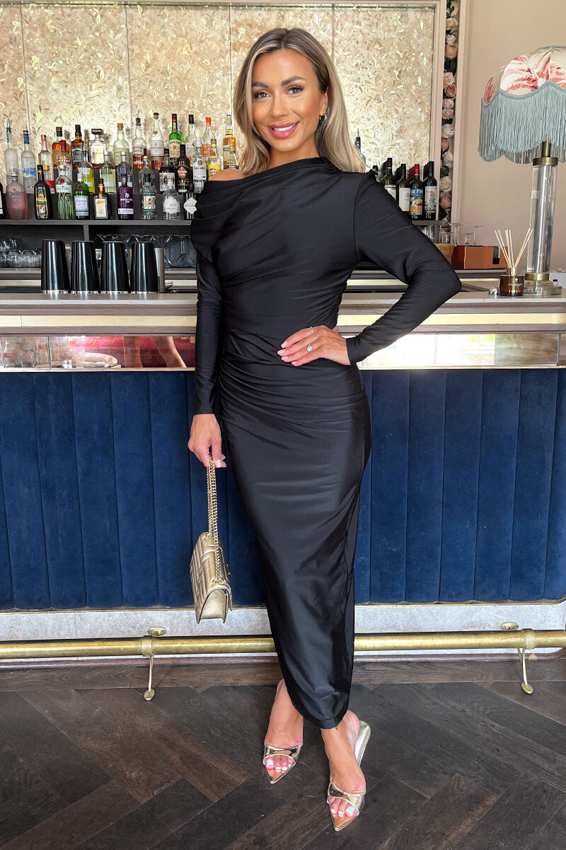 Black Off The Shoulder Long Sleeved Draped Midi Dress – AX Paris