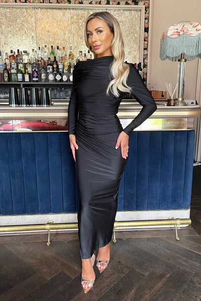 Black Off The Shoulder Long Sleeved Draped Midi Dress – AX Paris