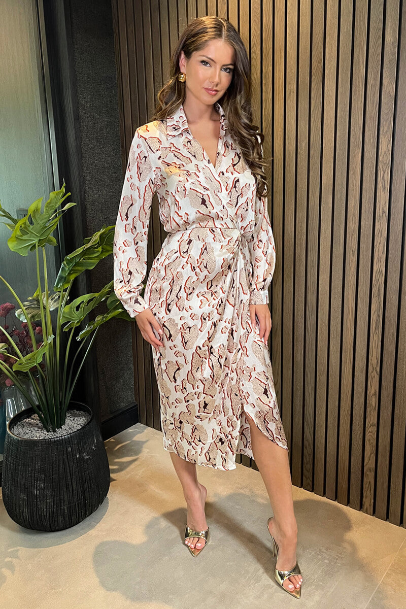 Cream Printed Collared Neck Wrap Midi Dress AX Paris Cream Printed Collared Neck Wrap Midi Dress AX Paris