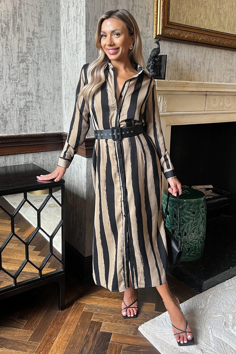 Beige Striped Print Button Front Belted Shirt Midi Dress AX Paris Beige Striped Print Button Front Belted Shirt Midi Dress AX Paris
