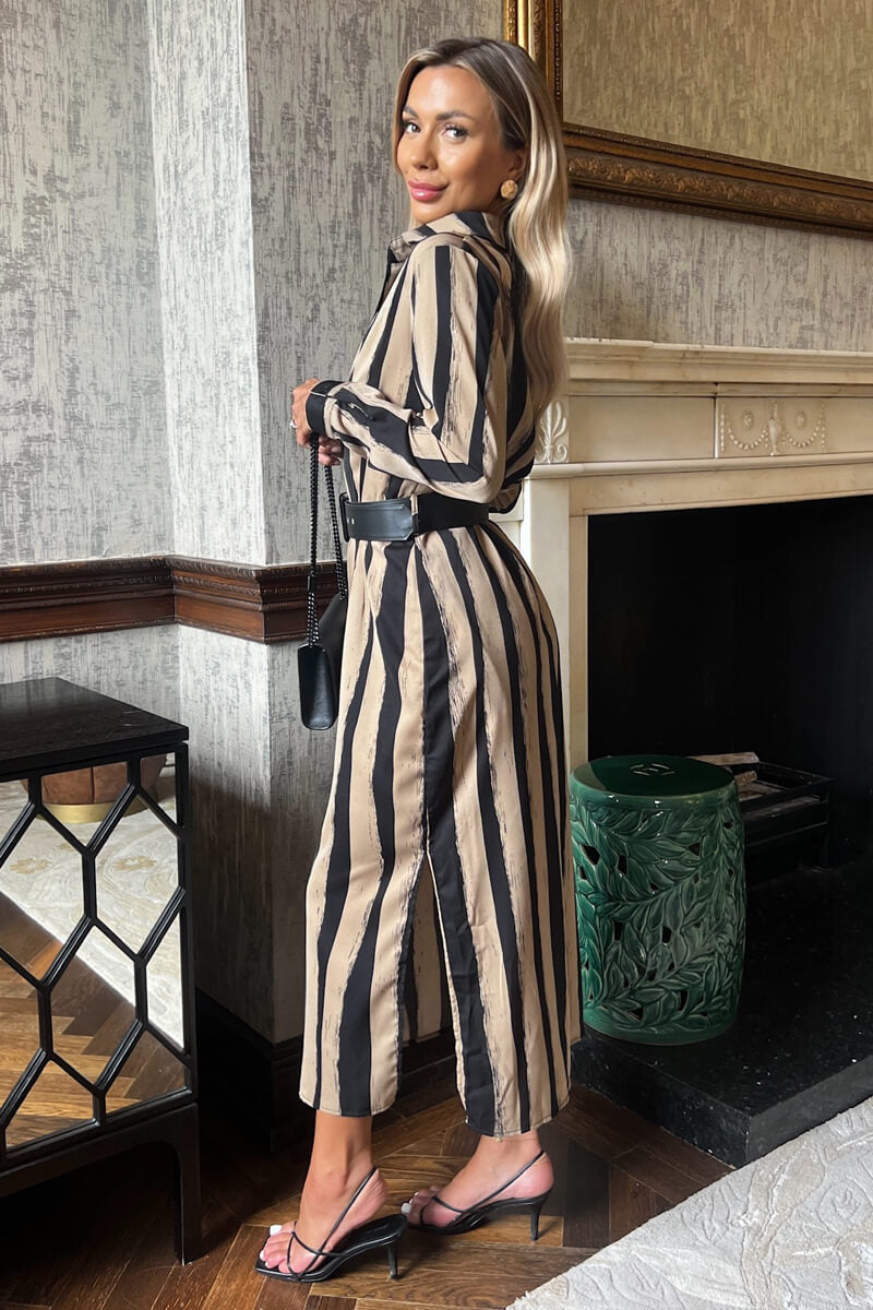 Beige Striped Print Button Front Belted Shirt Midi Dress AX Paris Beige Striped Print Button Front Belted Shirt Midi Dress AX Paris