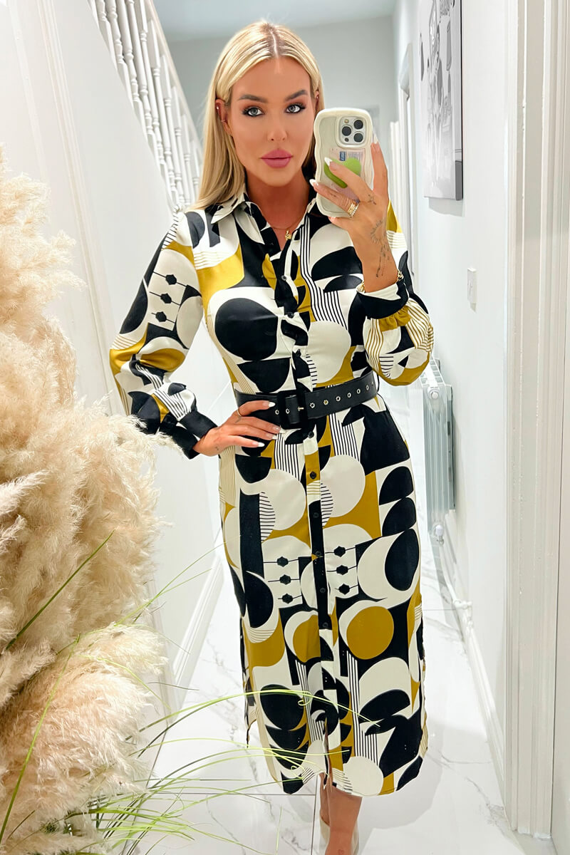 geometric print midi dress Multi Geometric Print Button Front Belted Shirt Midi Dress – AX Paris