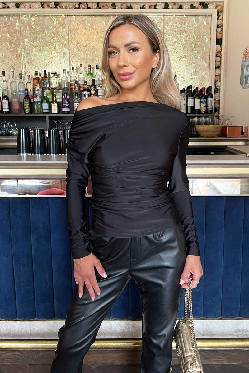 Black Off The Shoulder Long Sleeves Ruched Waist Top – AX Paris