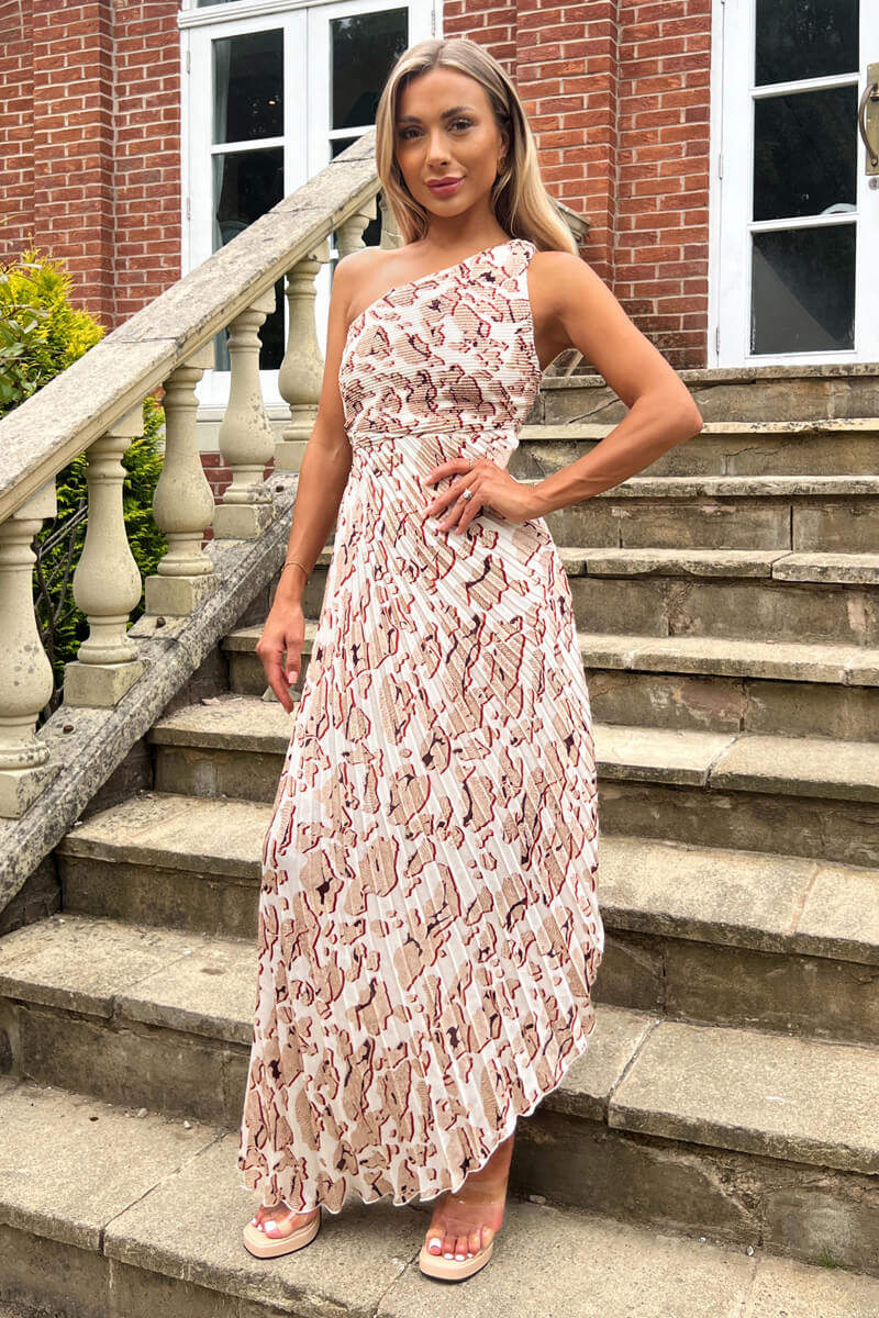 strapless open back dress Cream Printed One Shoulder Pleated Midi Dress – AX Paris