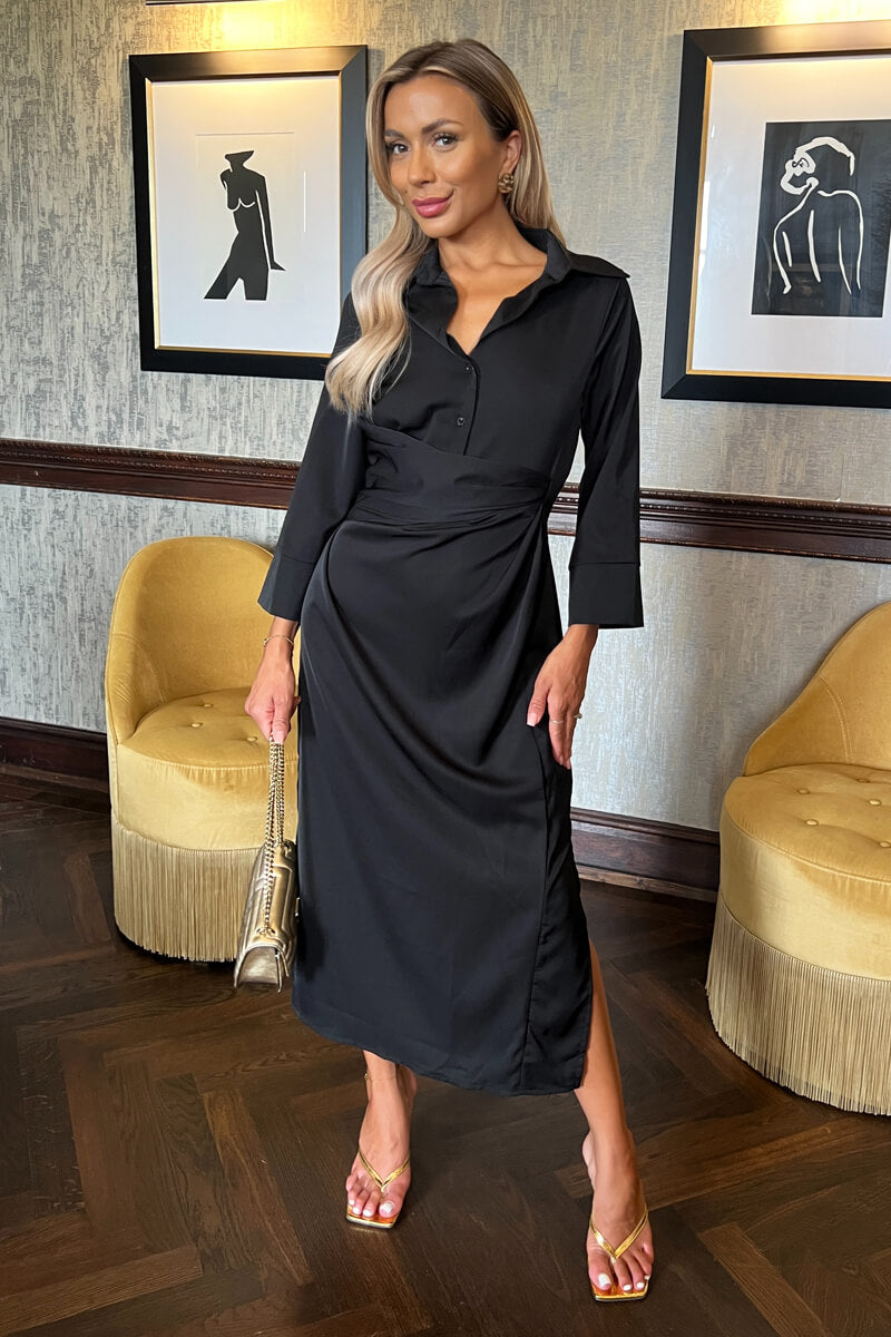 black 3 quarter sleeve dress 3/4 Sleeves Gathered Waist Shirt Midi – AX Paris all products Size:UK 12 / US 8 / EU 40 Miss Pickles Color Block