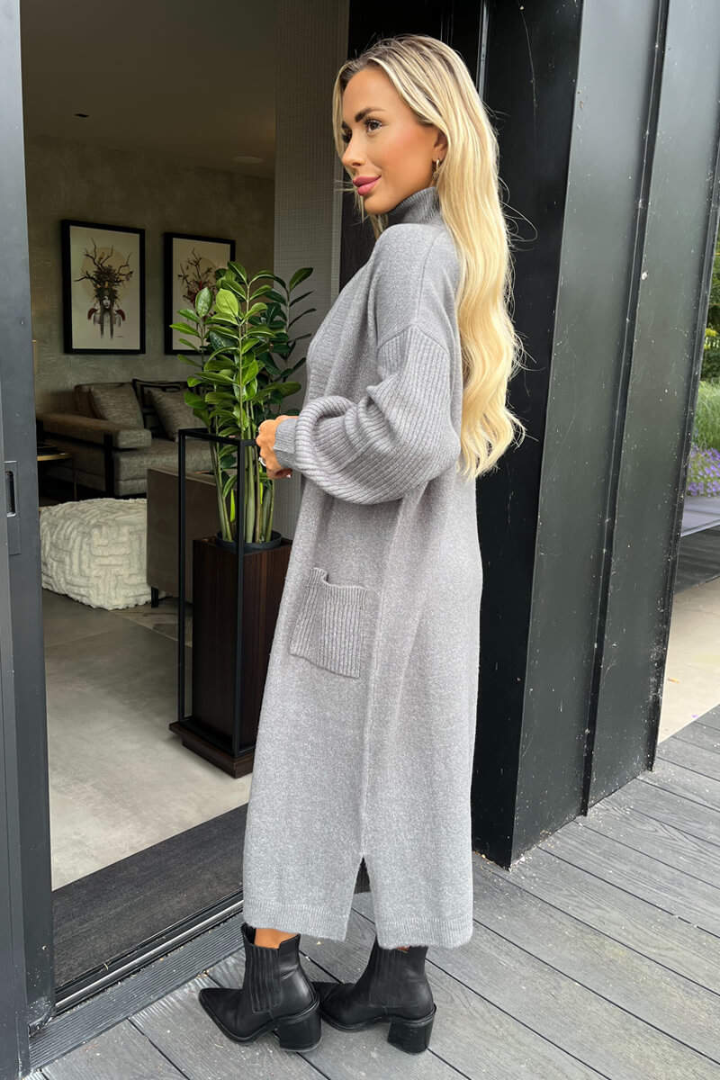Mid Grey Knitted Midi Dress And Cardigan Co-ord AX Paris Mid Grey Knitted Midi Dress And Cardigan Co-ord AX Paris