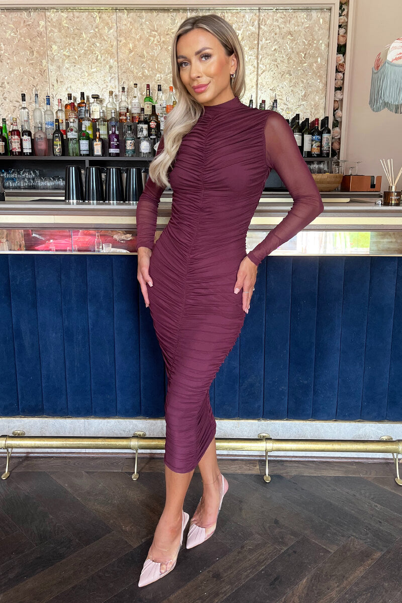 Plum High Neck Long Sleeve Ruched Bodycon Mesh Midi Dress AX Paris Plum High Neck Long Sleeve Ruched Bodycon Mesh Midi Dress AX Paris