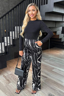 Black Abstract Stripe Print 2 in 1 Long Sleeve Wide Leg Jumpsuit