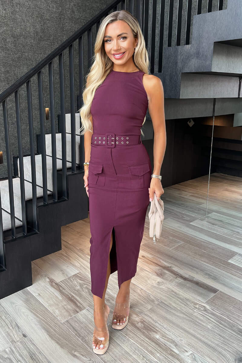 Plum Round Neck Belted Bodycon Cargo Midi Dress AX Paris Plum Round Neck Belted Bodycon Cargo Midi Dress AX Paris