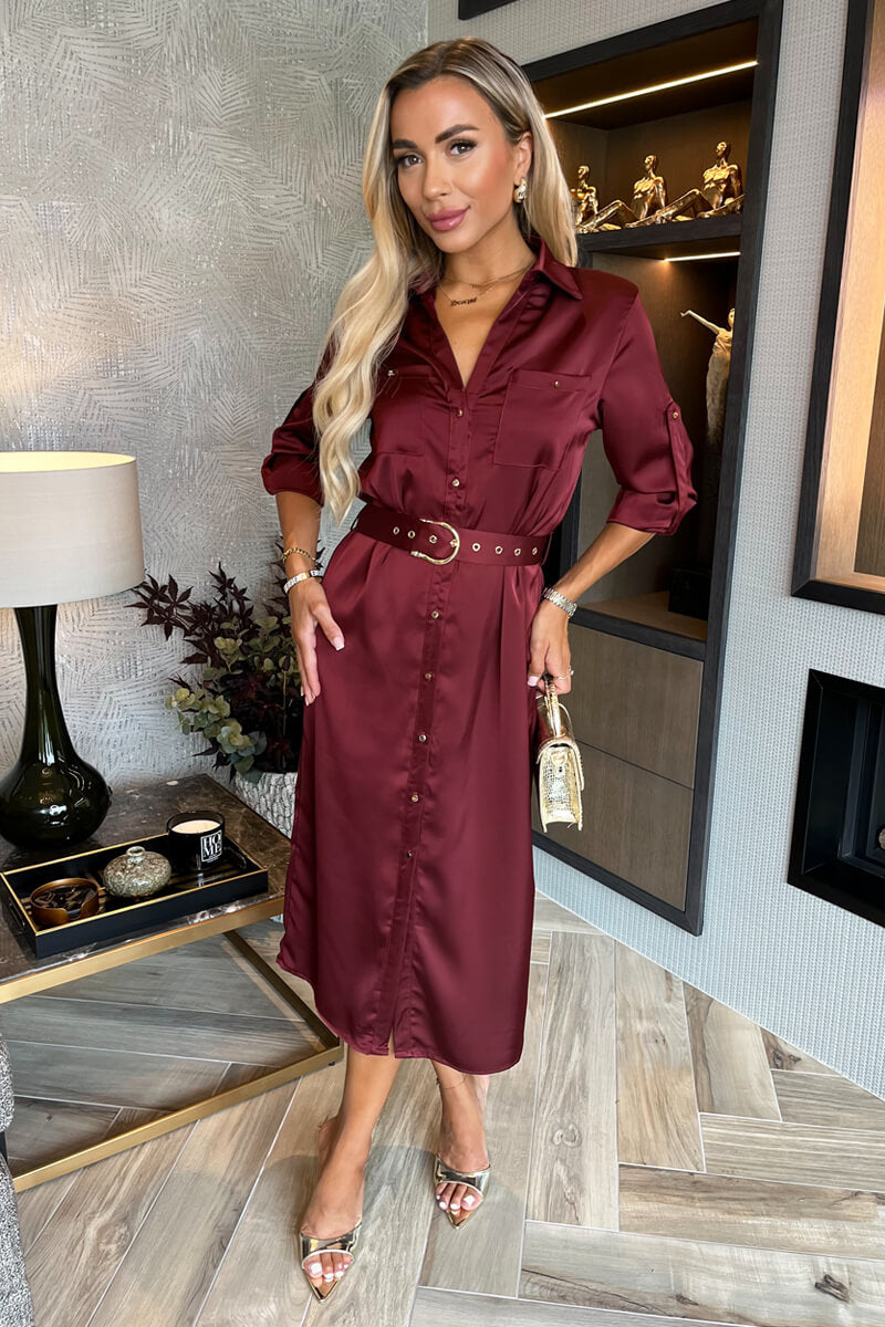 Wine Satin Belted 3/4 Sleeve Gold Buttons Shirt Midi Dress – AX Paris