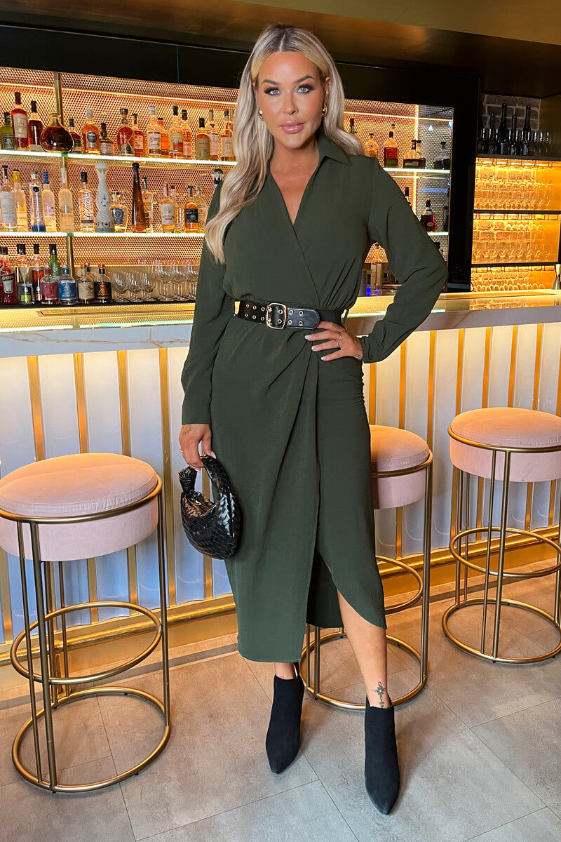 Olive Belted Wrap Midi Shirt Dress – AX Paris - Main Image