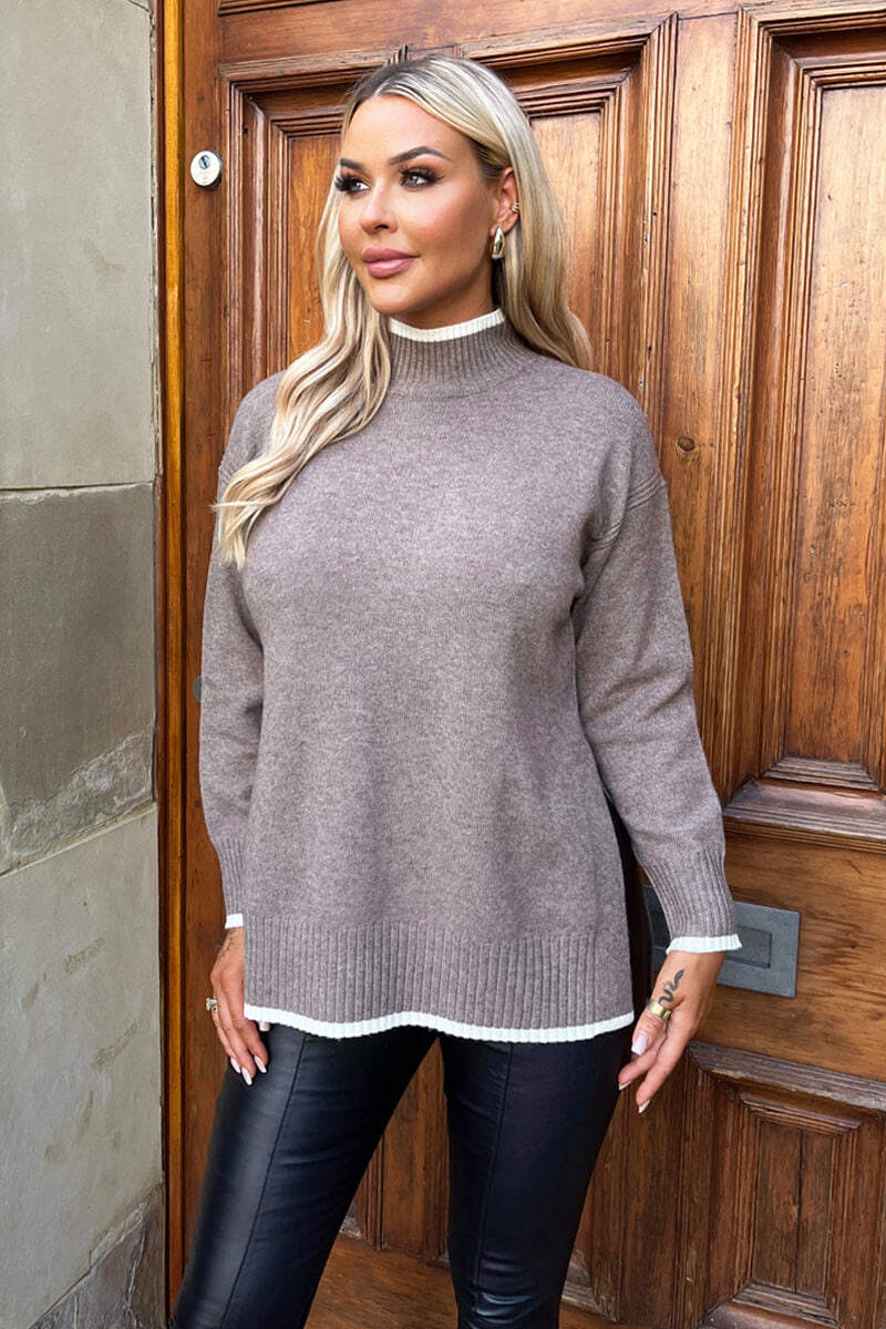 Mink Mock Neck Side Split Contrast Hem Knitted Jumper – AX Paris