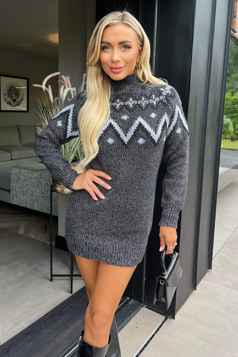 Anthracite Fairisle Mock Neck Knitted Dress – AX Paris