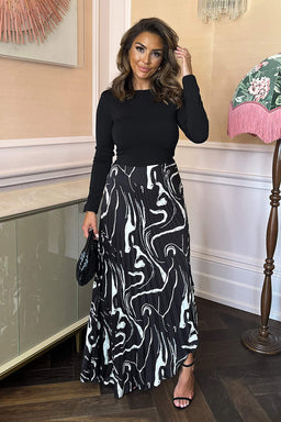 Black Abstract Stripe Print 2 in 1 Long Sleeve Pleated Skirt Midi Dress