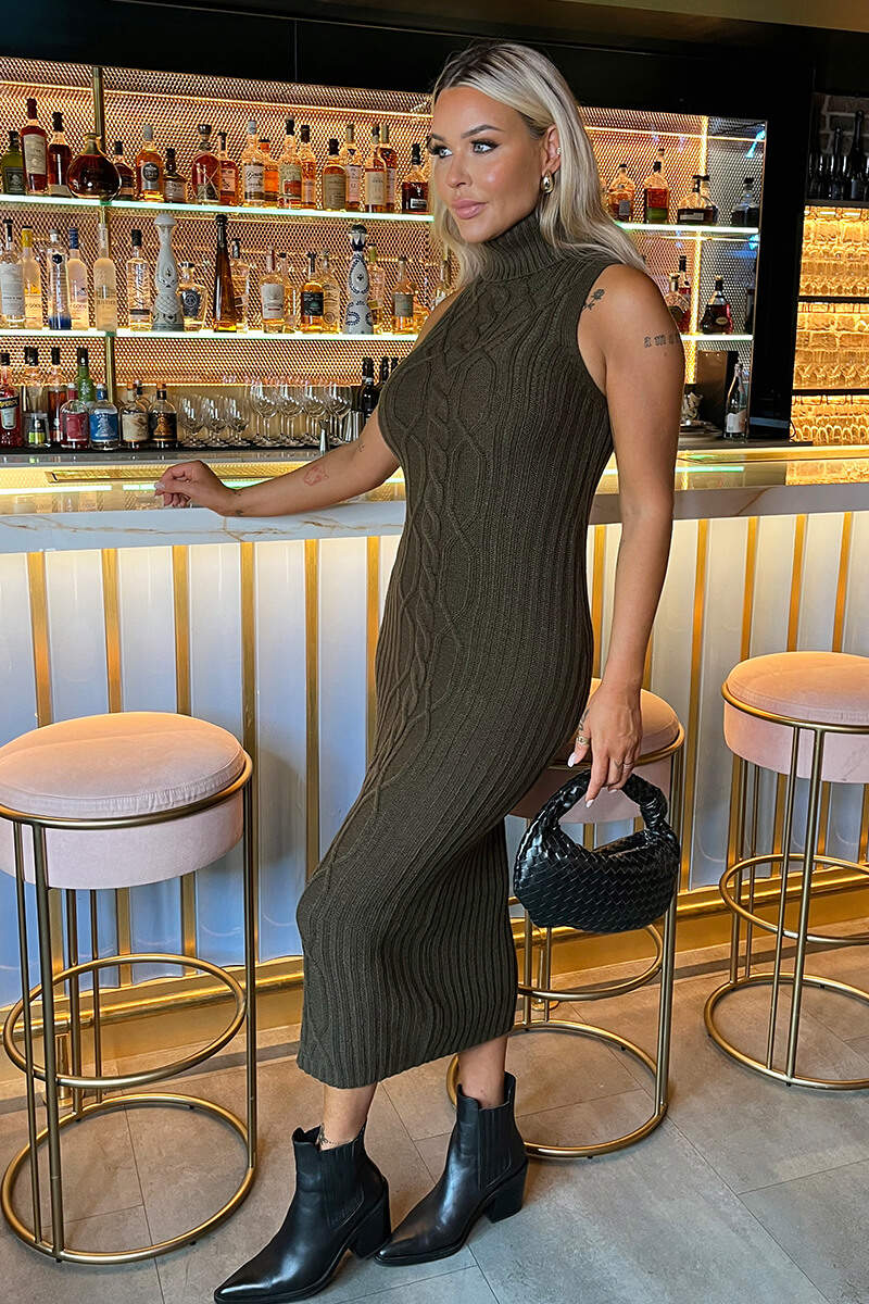 ribbed knit midi dress Olive Roll Neck Sleeveless Cable and Ribbed Knit Midi Dress – AX Paris
