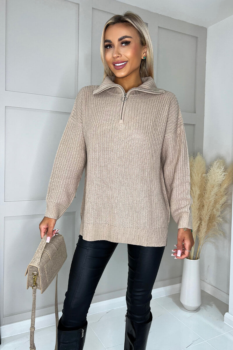 Oatmeal Half Zip Knitted Jumper – AX Paris