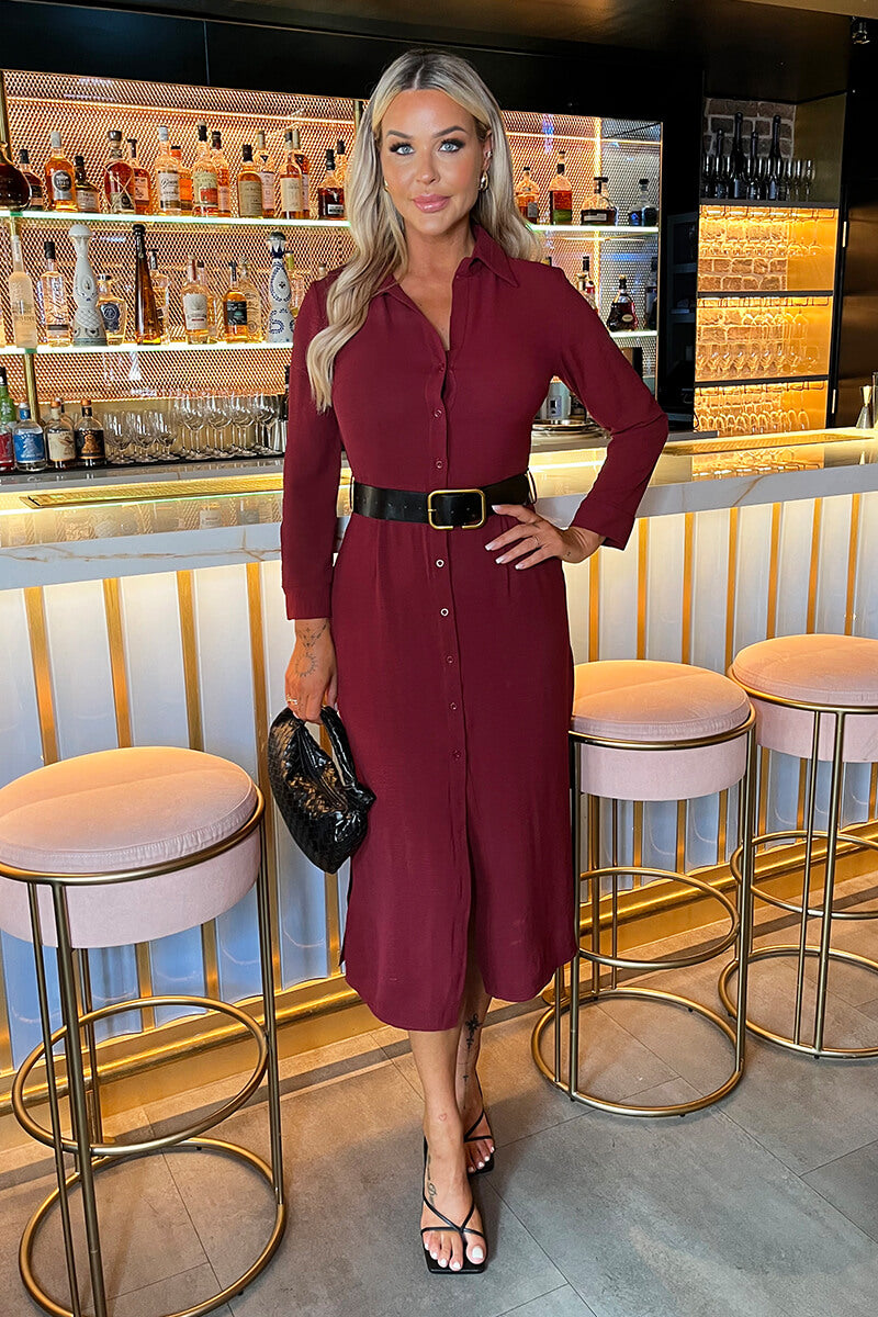 Wine Button Front Belted Shirt Midi Dress – AX Paris