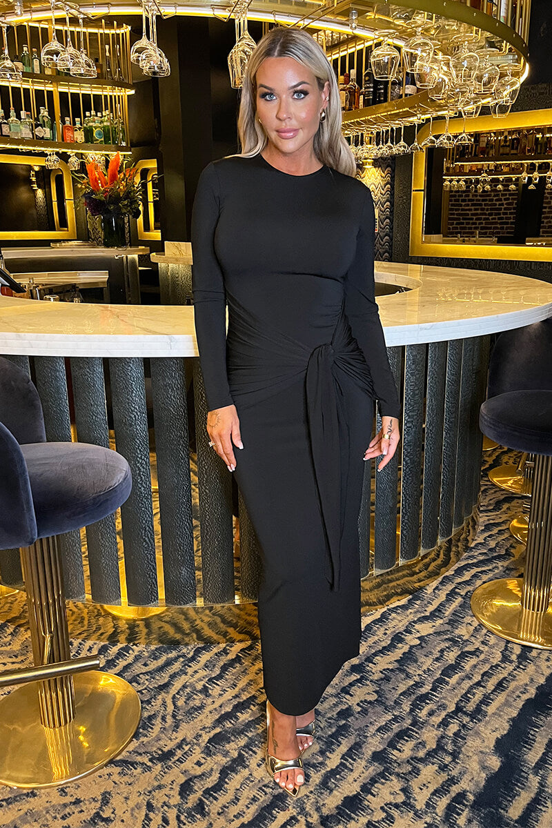 Black Long Sleeve Sash Bodycon Midi Dress – AX Paris