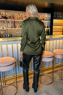 Olive Satin Long Sleeve Gold Button Shirt