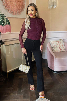 Plum High Neck Long Sleeve Ruched Mesh Bodysuit