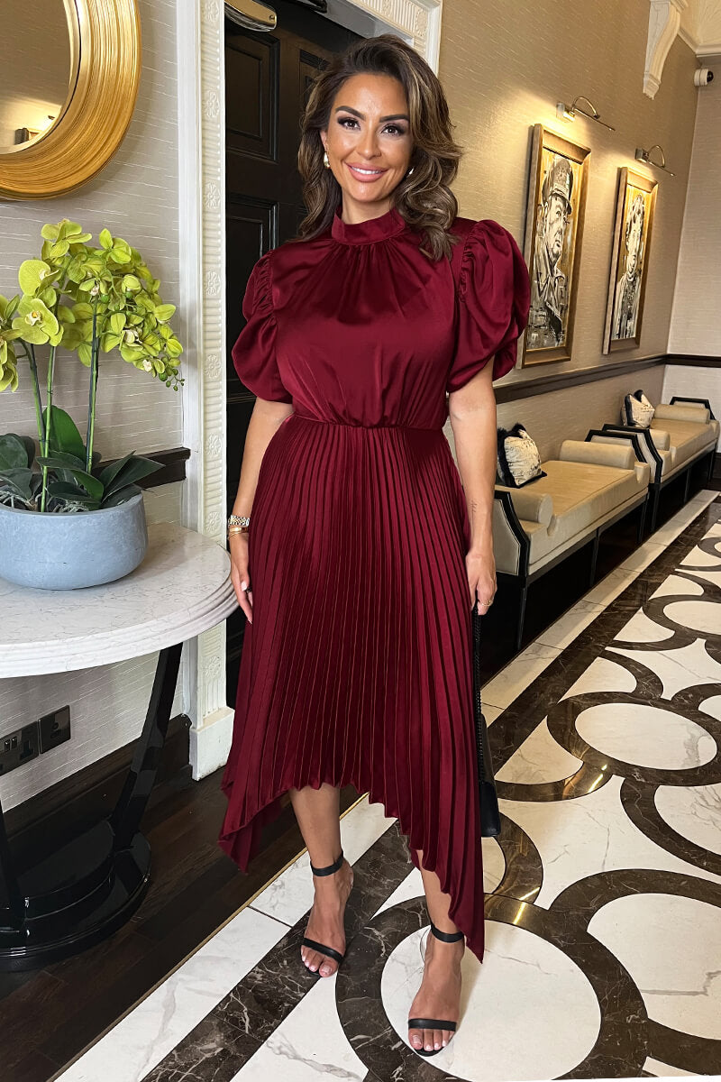 Wine High Neck Puff Sleeve Zig Zag Hem Pleated Midi Dress 8 Wine High Neck Puff Sleeve Zig Zag Hem Pleated Midi Dress 8