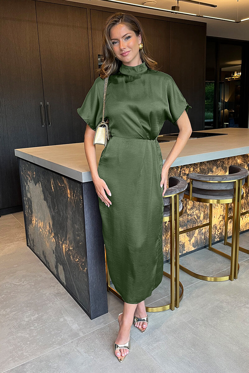 Olive Satin High Neck Wrap Skirt Midi Dress AX Paris Olive Satin High Neck Wrap Skirt Midi Dress AX Paris