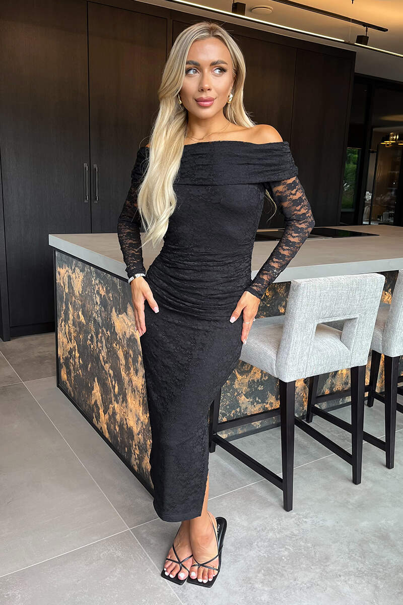 Black Lace Bardot Long Sleeve Ruched Bodycon Midi Dress AX Paris Black Lace Bardot Long Sleeve Ruched Bodycon Midi Dress AX Paris