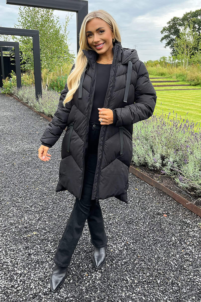 Black Long Puffer Coat With Hood PLT Black Text Front Maxi Puffer
