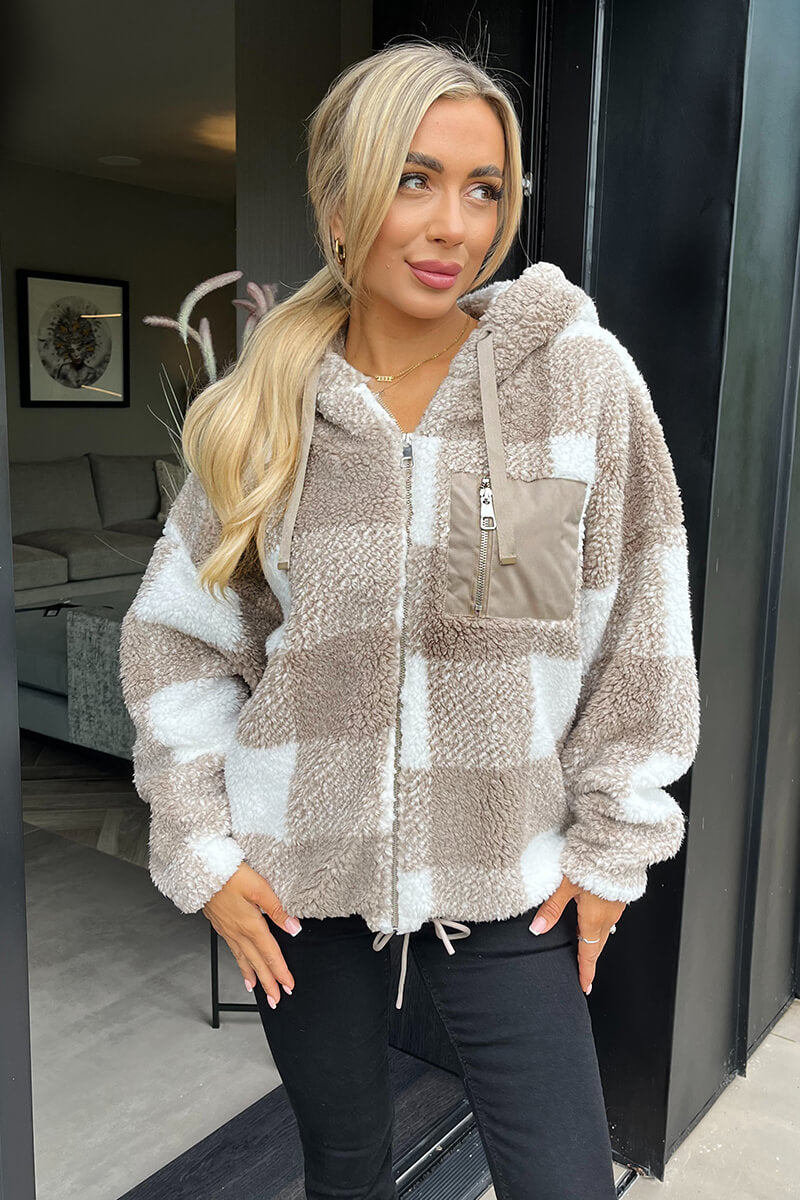Ax Paris Teddy Hoodie Womens Biscuit Check Pocket Detail Hooded