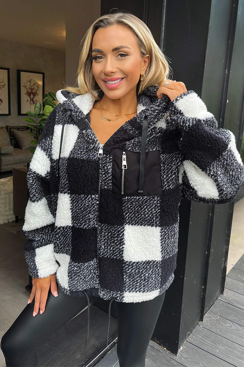 Black Check Pocket Detail Hooded Teddy Jacket – AX Paris
