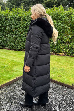 Black Faux Fur Hooded Longline Padded Coat