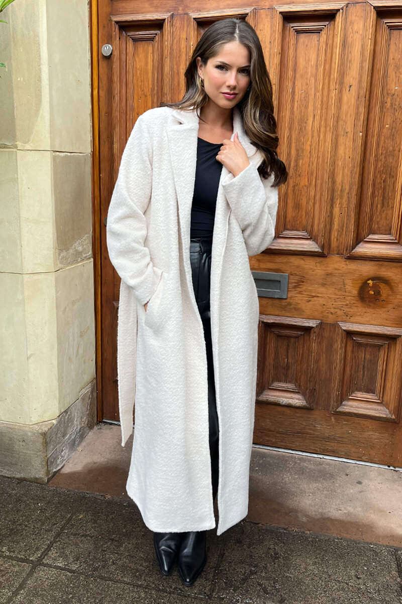 Cream Boucle Tie Belt Longline Trench Coat – AX Paris