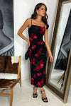 Black And Red Floral Print Ruched Side Strappy Midi Dress